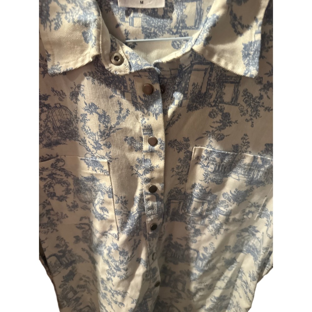 Blue White Toile de Jouy Print Denim Romper Short Sleeve Button Down Utility M